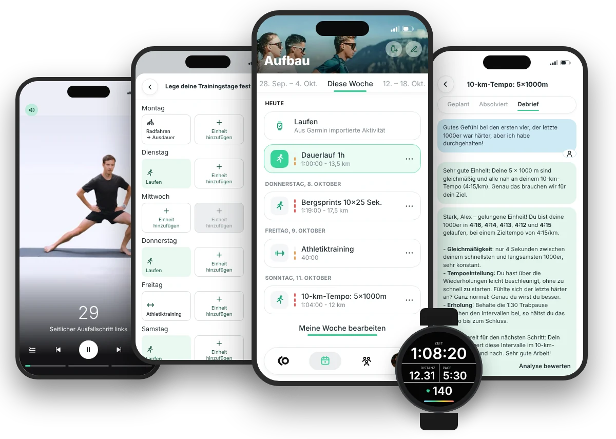 Vier Bildschirme der App RunMotion Coach: Wochenplan, Einheit, Auswertung und Krafttraining