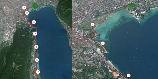 Laeuferin am Ufer des Annecy-Sees auf einer der schoensten Laufstrecken mit Trails.
