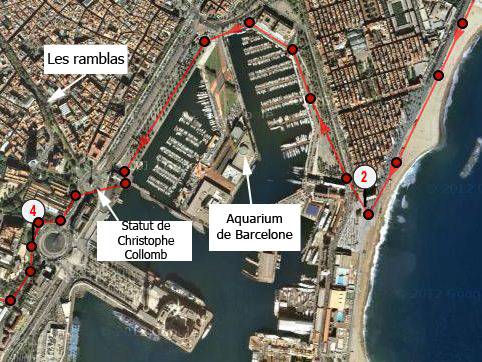 Läufer auf der Montjuic-9-km-Route mit Blick auf Barceloneta-Strand und Hafen Barcelona.